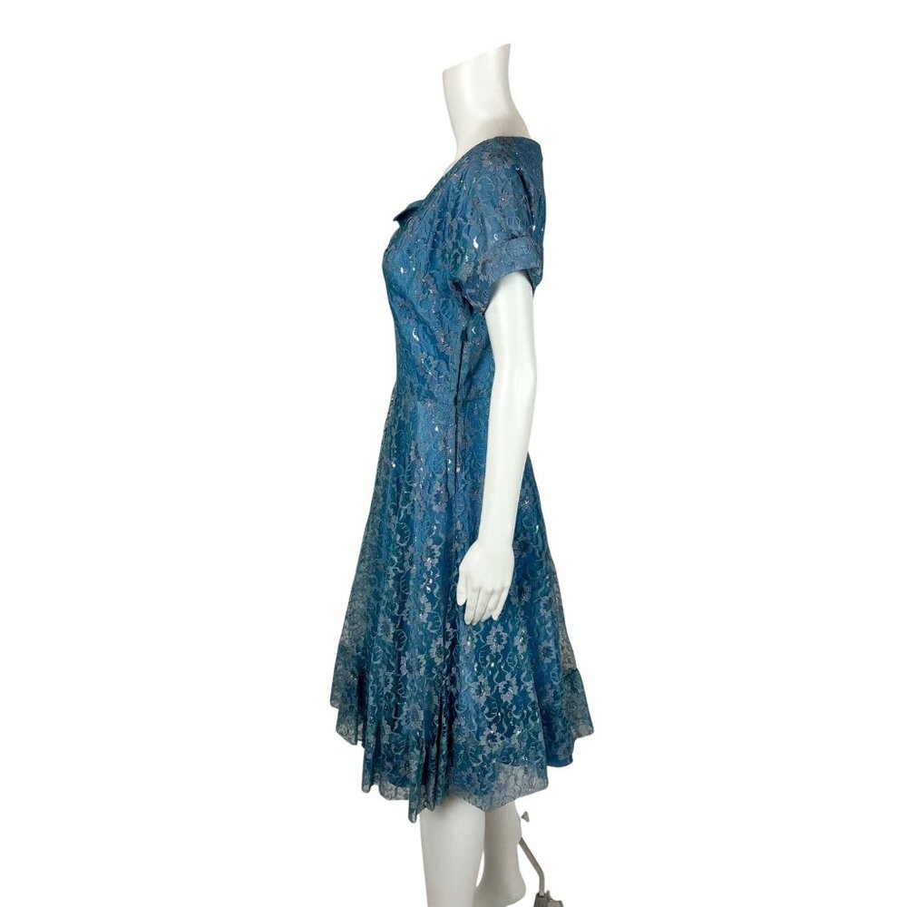Vintage 50s Lace Dress Women's Small Blue Silver Cinderella Party Fit & Flare - Picture 8 of 11